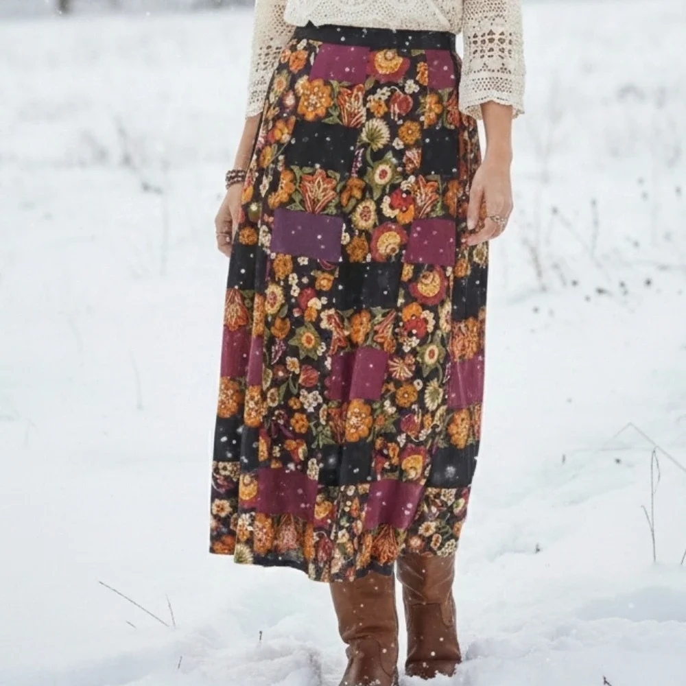 Vintage 70s‎ Velvet Patchwork Wrap Maxi Skirt Bohemian Hippie Florals Festival